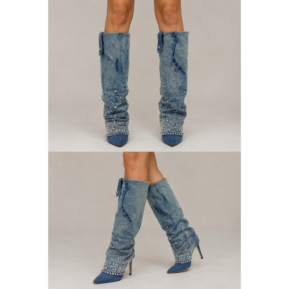 Azalea Wang Rhinestone Denim Slouch Boots Women's Size 7.5 Blue Glam Western